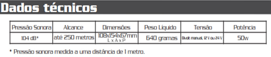 dados tecnicos sirene REBT250